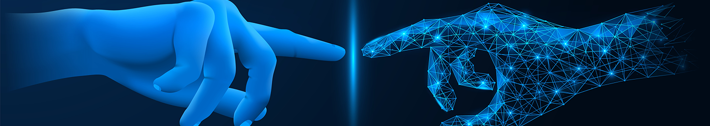 Technology photo for detail page, showing two hands with fingers touching - one is normal flesh and the other is digitized